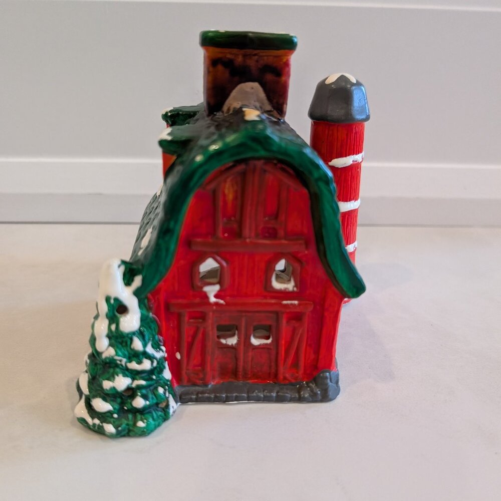 Christmas Village Ceramic Red Barn Tealight lit